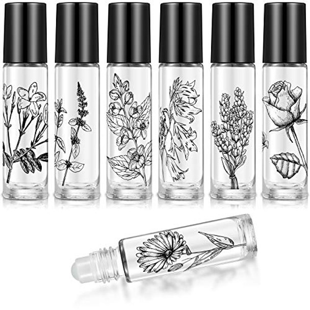 10 Pieces Essential Oil Roller Bottles 10 ml Empty Roller Bottles for Essential Oils Lip Oil, Glass Refillable Oil Container Printed with Patterns
