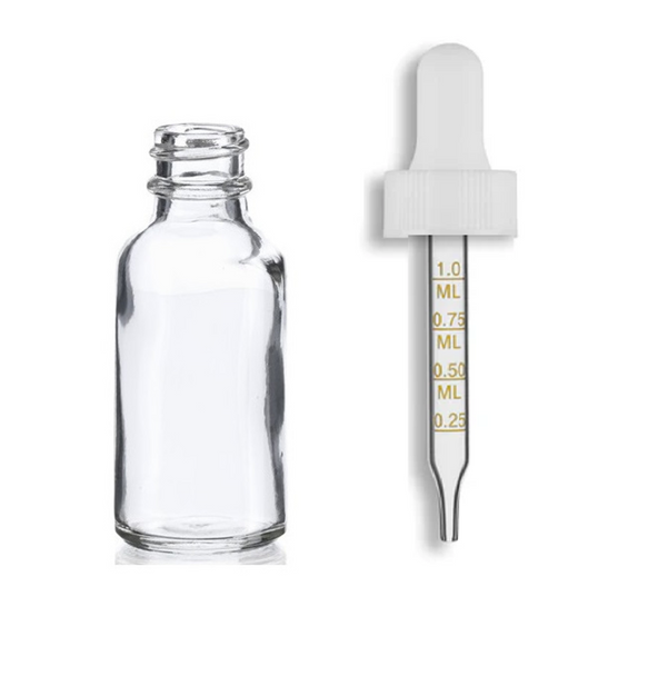 1 oz CLEAR  Glass Bottle w/ White Calibrated Glass Dropper