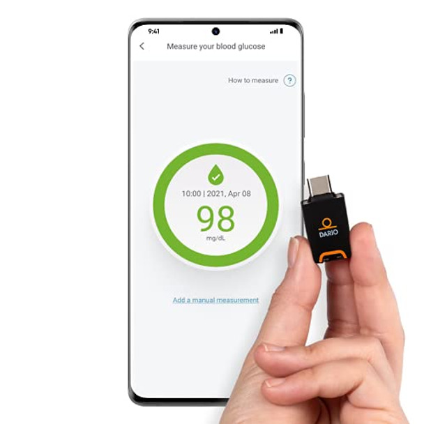 DARIO Blood Glucose Monitor Kit Test Your Blood Sugar Levels and Estimate A1c After 3m. Kit Includes: Glucose-Meter with 25 Strips,10 Sterile lancets (Android USB-C)