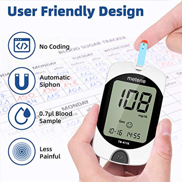 Metene TD-4116 Blood Glucose Test Strips, 100 Count Blood Sugar Test Strips for Diabetes, Use with Metene TD-4116 Blood Glucose Monitoring System Only Metene TD-4116 Blood Glucose Test Strips, 100 Count Blood Sugar Test Strips for Diabetes, Use with Metene TD-4116 Blood Glucose Monitoring System Only
