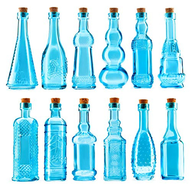 Small Blue Vintage Glass Bottles with Corks, Mini Vases, Decorative, Potion, Assorted Design Set of 12 pcs, 4.6 Inch Tall (11.43cm), 1.4 Inch Wide (3.56cm)