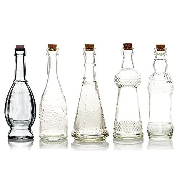 Shabby Chic Clear Vintage Glass Bottles Set - (5 Pack, Assorted Designs)