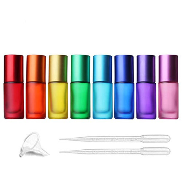 5ml 8 Colour Frosted Glass Roll On Bottles,Empty Portable Essential Oil Glass Roller Bottle With Stainless Steel Roller Balls Perfume Roll-On Bottle with Lids-8 Pack