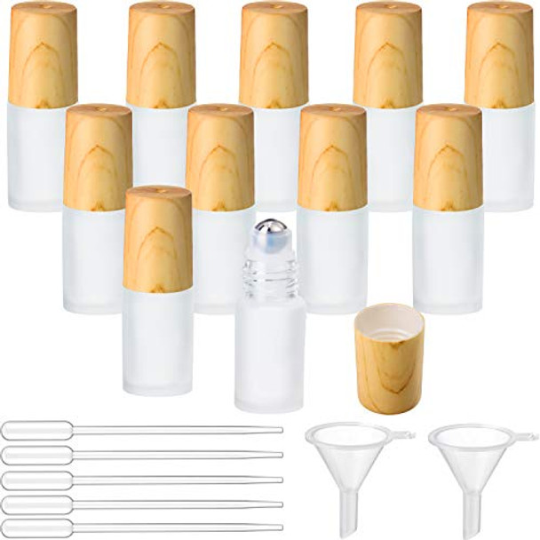 10 Piece Frosted Glass Roller Bottle Bulk with Imitation Wood Grain Plastic Cap for Essential Oils Roll-on Bottle with Stainless Steel Roller Ball, 10 Piece Plastic Pipette and 2 Piece Funnel (5ml)