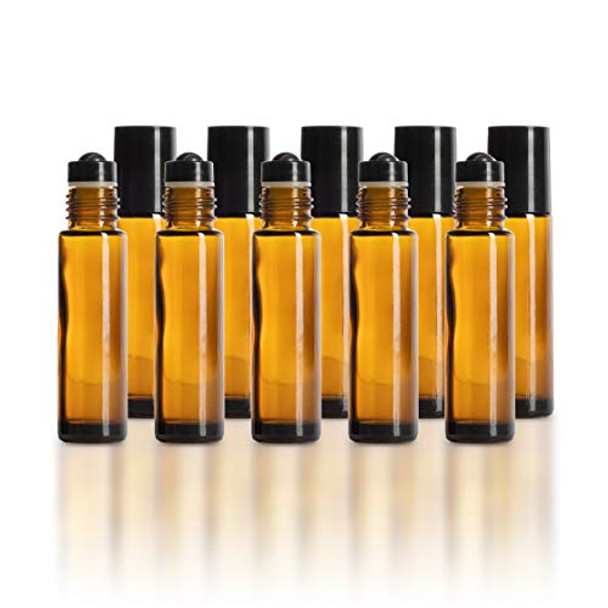 Your Oil Tools 10ml Amber Glass Roller Bottles with Stainless Leak Guard Rollers & Black Caps