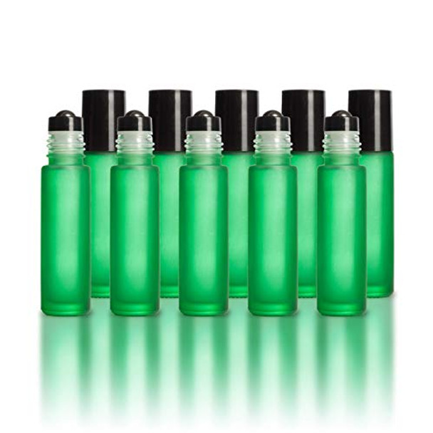 Your Oil Tools 10ml Green Frosted Glass Roller Bottles with Stainless Leak Guard Rollers & Black Caps