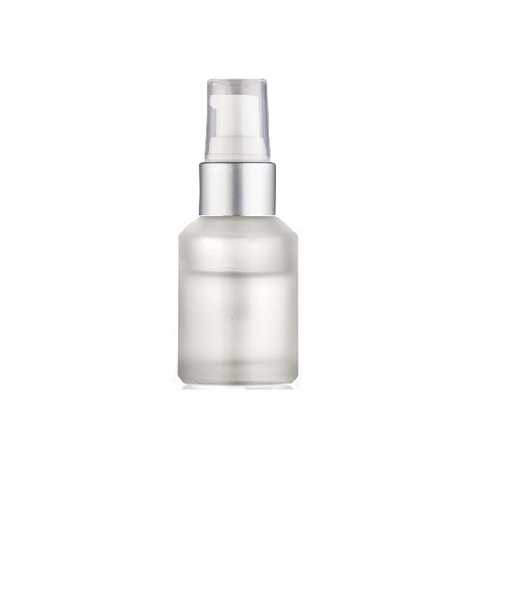 1 oz Frosted Cylinder Slope Glass Bottle w/ Matt Silver White Treatment Pump
