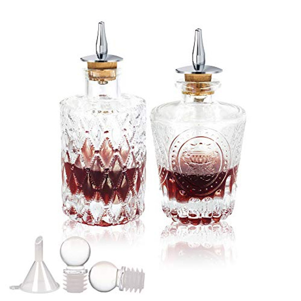 Bitters Bottle Set of 2 Cocktail Glass Bitters Bottle for Cocktail with Metal Dasher Top, SET002 (Set of 2)