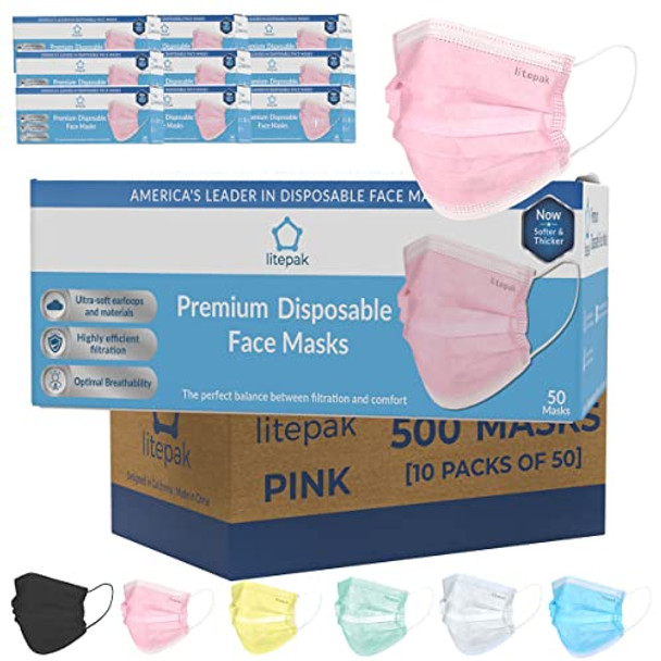 Litepak 500pcs Premium Disposable Face Mask SOFT 3ply Nose Wire - Pink