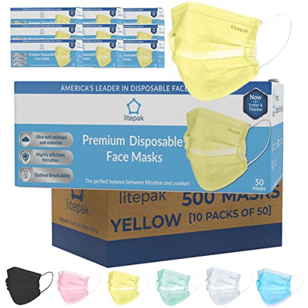 Litepak Premium Disposable Face Masks (500 Masks (10 Boxes), Yellow)