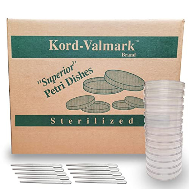 Petri Dish 500 Pack – 500 Kord Vallmark Petri Dishes – 100 X 15mm – Sterile, Premium Quality – 3 Vents to Reduce Condensation – for Lab Research, Education, and More - W/10 Evviva Transfer Pipettes