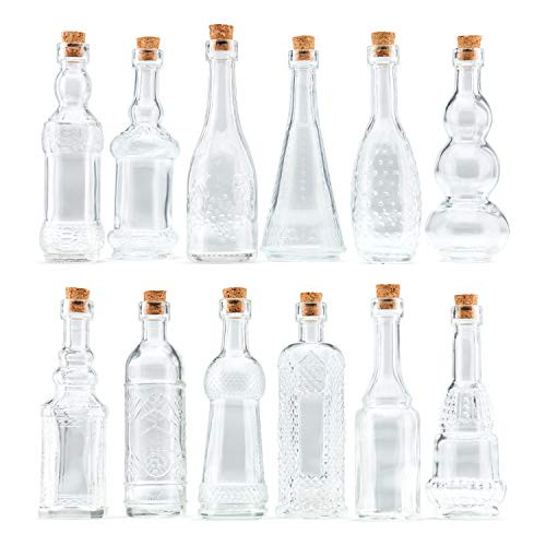 Small Mini Clear Vintage Glass Bottles with Corks, Mini Vases