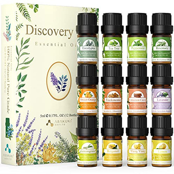 ASAKUKI Premium Essential Oils Set 12Pcs Oils, 100% Pure Lavender, Peppermint, Tea Tree, Eucalyptus, Lemongrass, Sweet Orange, Frankincense, Rosemary, Lemon, Cinnamon Cassia, Ylang Ylang, Bergamot