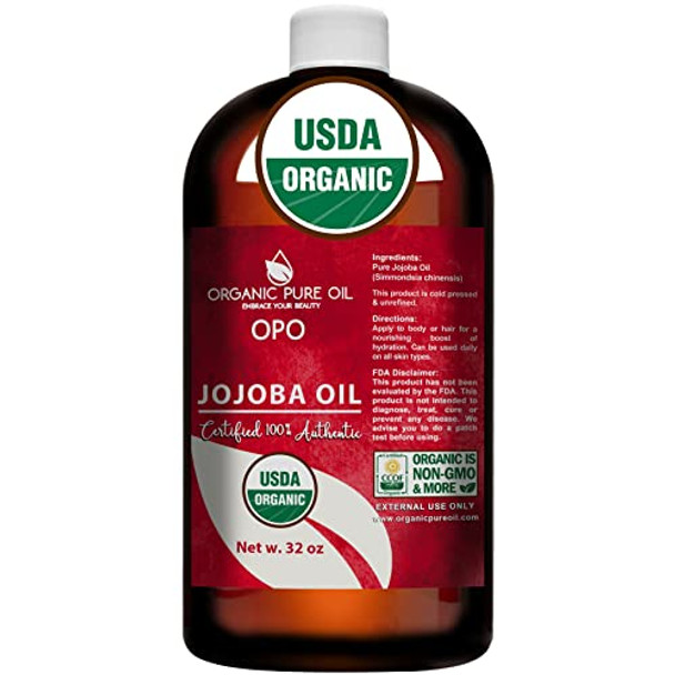Organic Jojoba Oil USDA Certified Organic 100% Pure Cold Pressed Unrefined Extra Virgin Non GMO For Skin Hair Lash Massage Bulk 32 oz Golden Carrier DIY Soap Making Hydrating Moisturizing Hohoba - OPO