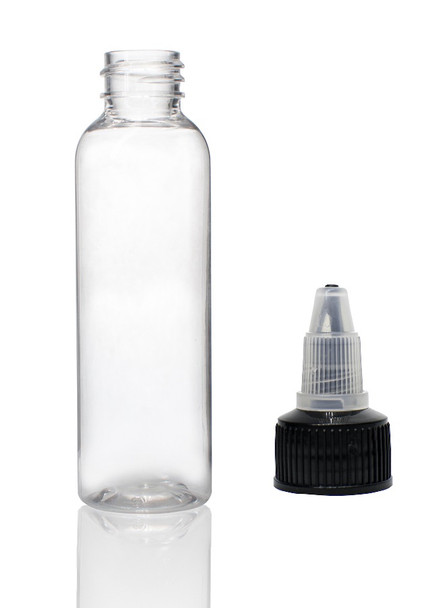 2 oz clear PET imperial round bottle with 20-410 neck finish - w/ Black HDPE and natural-colored LDPE 20-410 twist-open dispensing cap