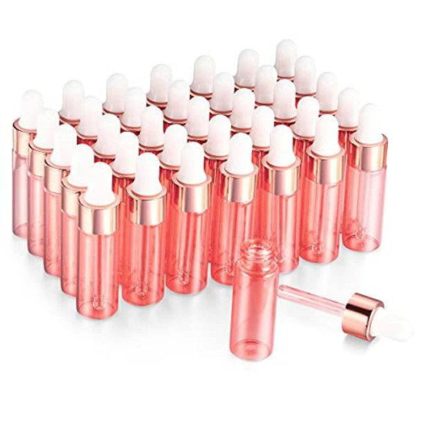 Furnido 35 Pack,1/6 oz(5ml) Pink Essential Oils Dropper Bottle,Empty Glass Sample Vials with Glass Tube,Rose-Golden Caps For Travel,Perfume Aromatherapy Liquid Container-Dropper&Funnel Included