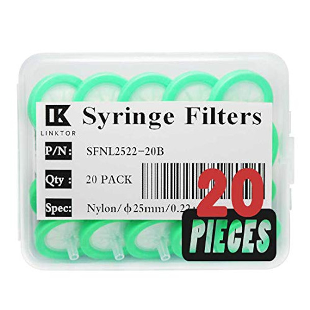 LINKTOR Syringe Filter Nylon Orangnic Filtration, 25mm Diameter 0.22um Pore Size Non-sterile Pack of 20 (Pack of 20, 0.22μm, Nylon)