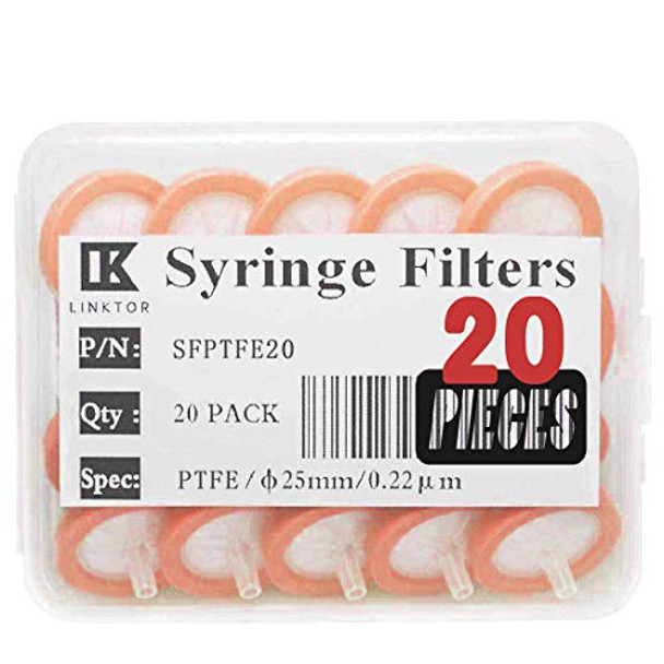 LINKTOR Syringe Filter PTFE Filtration, 25mm Diameter 0.22um Pore Size Non-sterile Pack of 20 (Pack of 20, 0.22μm, PTFE)