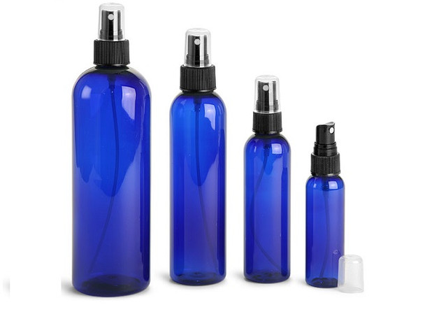 4 oz Cobalt BLUE PET Cosmo Bullet Plastic Bottle w/ Black Fine Mist Sprayer - Set of 48