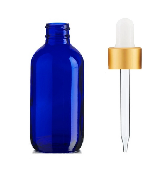 4 oz Cobalt Blue Glass Bottle w/ White Matte Gold Glass Dropper