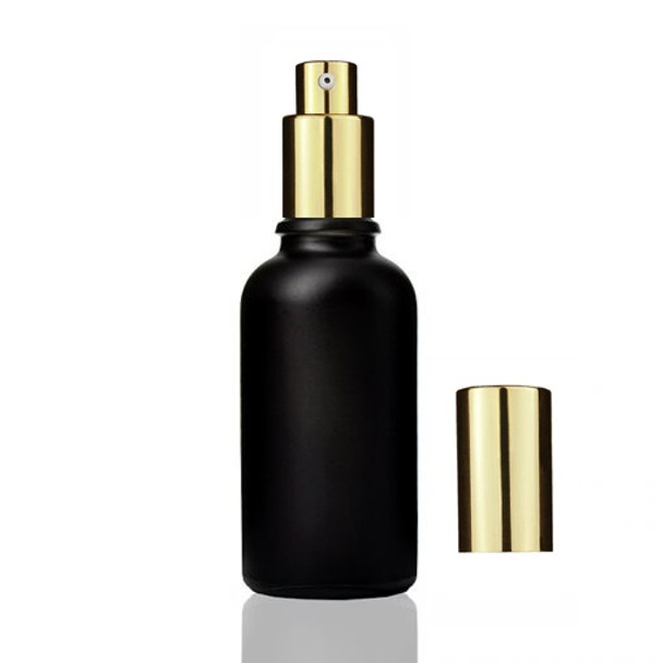 30 ml  Matte Black glass euro dropper bottle with  Shiny Gold Treatment Pump 18-415 DIN neck finish
