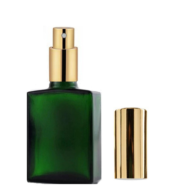 1 oz Green SQUARE Glass Bottle w/ Shiny Gold Sprayer  18-415 Tamper Evident Neck Finish