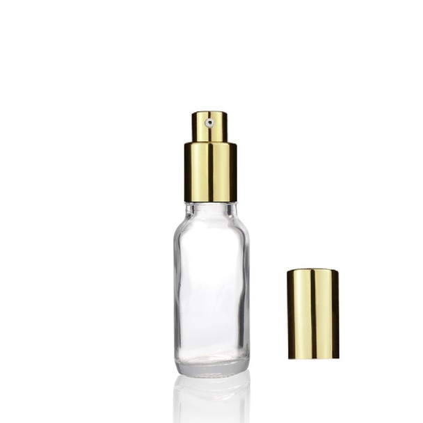 1/2 oz (15ml) CLEAR Glass Bottle with  Shiny Gold Treatment pump 18-400 neck finish