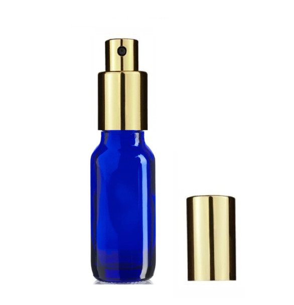 1/2 oz (15ml) Cobalt Blue Glass Bottle with  Shiny Gold Sprayer 18-400 neck finish