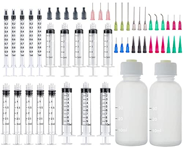 Lolgold, 20 Pack Syringe and Needle Tip Bottle, 1ml, 3ml, 5ml, 10ml, Syringes, 14ga, 16ga, 18ga, 20ga, 22ga, 25ga Blunt and Caps, Luer Lock Plastic Glue Applicator, Refilling and Measuring Liquids