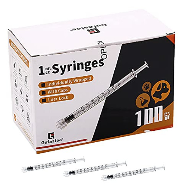 Gufastoe 100Pack 1ml Syringes Luer Lock with Caps for Pet or Industrial & Scientific （White）