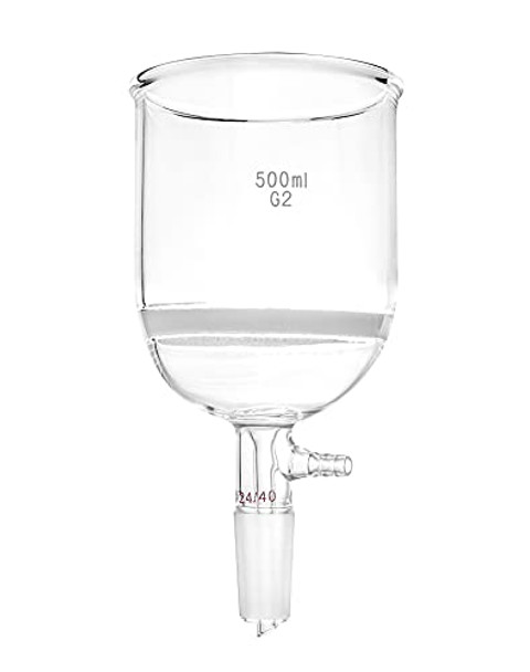 QWORK 500ml Filtering Buchner Funnel Medium Frit (G2) Lab Glassware with Standard 24/40 Joint and Vacuum Serrated Tubulation, 94mm I.D, 100mm Depth