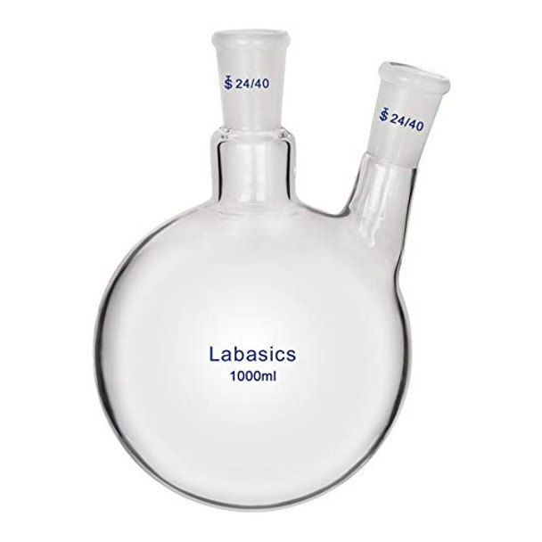 Labasics Glass 1000ml 2 Neck Round Bottom Flask RBF, with 24/40 Center and Side Standard Taper Outer Joint, 1000ml