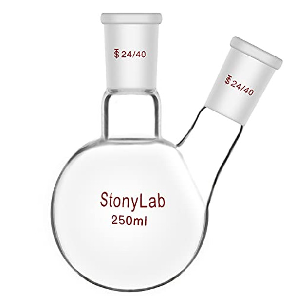 StonyLab Glass 250ml Heavy Wall 2 Neck Round Bottom Flask RBF, with 24/40 Center and Side Standard Taper Outer Joint - 250ml