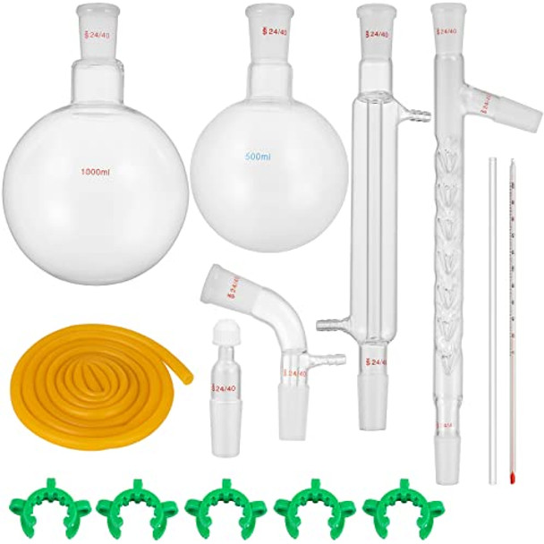 VEVOR Glass Organic Chemistry Kit 13pcs Distillation Kit 24/40 Joints Distillation Apparatus Borosilicate Glass Lab Glassware Kit w/ 1000ml Round Bottom Flask for Distillations Separation Purification