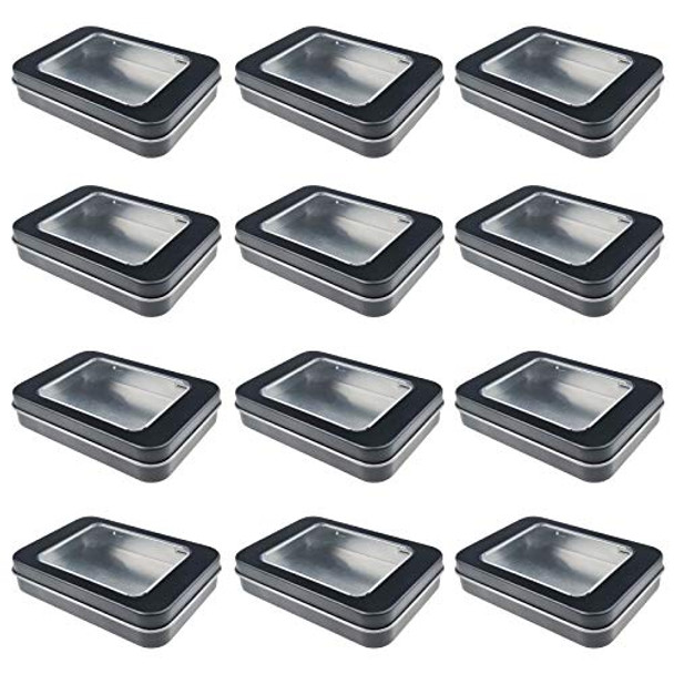 12 Pack Empty Rectangular Metal Storage Organizer Tins with Clear Window Hinged Lids for Candies, Gifts & Treasures (Black)