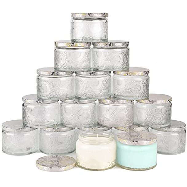 Embossed Glass Candle Container with Tin Lid and Labels, 4 oz - Pack of 18