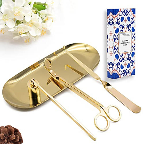 UPLumpySpace Candle Wick Trimmer, Candle Snuffer, 4 in 1 Candle Accessory Set, Wick Trimmer, Candle Wick Dipper, Storage Tray Plate, Candle Wick Cutter with Gift Package (Gold Set)