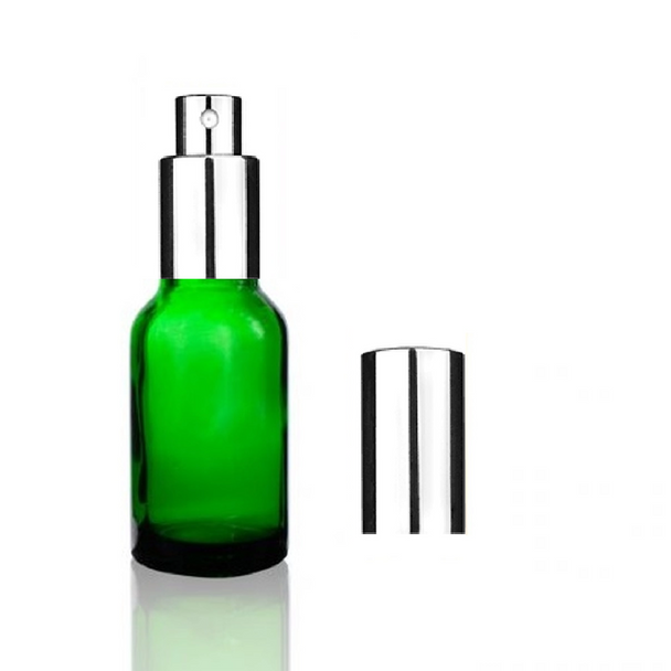 30 mL Green glass euro dropper bottle with Shiny Silver Sprayer 18-DIN neck finish