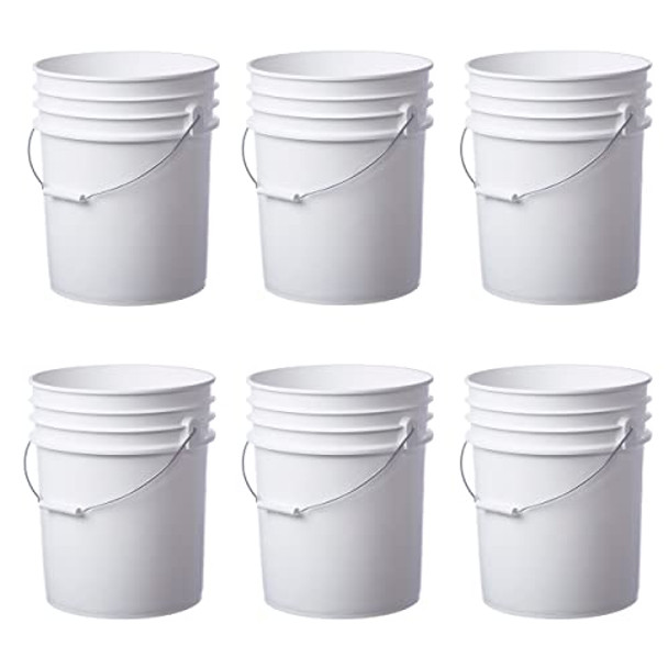 6 Pack | Premium 5 Gallon Bucket, Food Grade BPA Free HDPE, White - no Lid