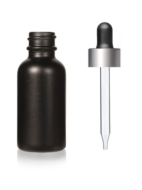 1 oz Matte Black Glass Bottle w/ Black Matt Silver Glass Dropper