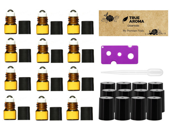 12pcs, Amber, 1 ml (1/4 dram) Glass Roll-on Bottles with Stainless Steel Roller Balls (12 piece Set)