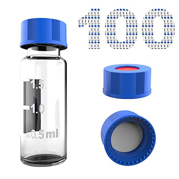 SCIEEN Autosampler Vial, 2ml HPLC Vial, Clear Lab Vial, Sample Vial with Writing Area, 9-425 Screw-Thread Vial, Blue Screw Cap with Hole, White PTFE & Red Silicone Septa 100 Pack