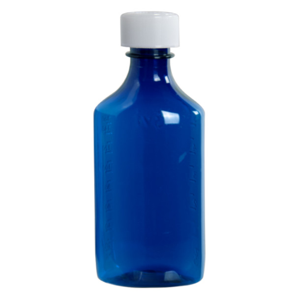 6 Oz - 100 count Blue Graduated Oval RX Bottles with Child-Resistant Caps