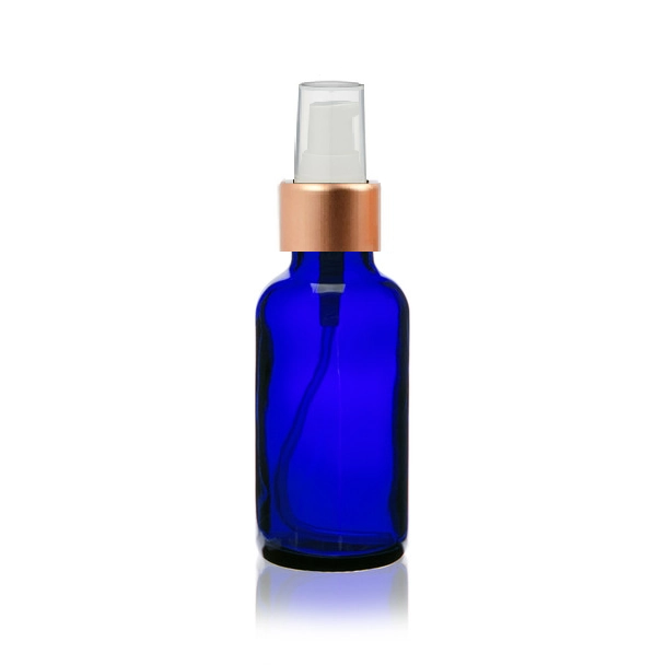 1 oz Cobalt Blue Glass Bottle w/ White-Rose Gold Treatment Pump