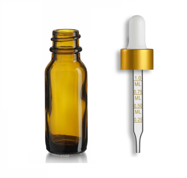 1/2 oz Amber Glass Bottle w/ White- Matt Gold Calibrated Glass Dropper