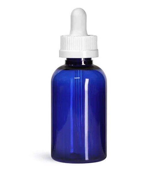 Cases of 410 - 2 oz Blue Plastic Boston Round PET Bottle 20 neck finish - w/ 20 neck White Child Resistant Dropper