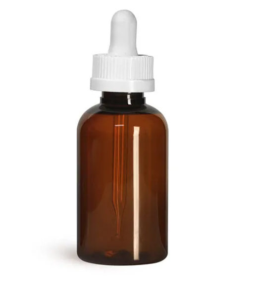 Cases of 360  - 2 oz Amber Plastic Boston Round PET Bottle 20 neck finish - w/ 20 neck White Child Resistant Dropper