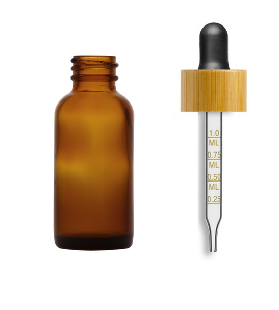 1 oz Amber Glass Bottle w/ Black-Bamboo Calibrated Glass Dropper