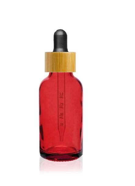 1 oz Translucent Red Glass Bottle w/ Black-Bamboo Calibrated Glass Dropper