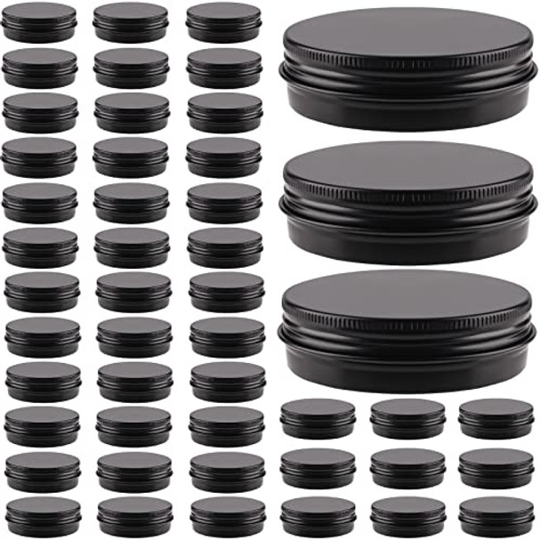 48 Pcs Aluminum Round Cans with Lid, OBKJJ 2 Oz Metal Tins Food Candle Containers with Screw Tops for Crafts, Food Storage, DIY (black)